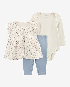 Conjunto 3 Peças Bebê Menina Carter’s Colete Floral + Body + Calça