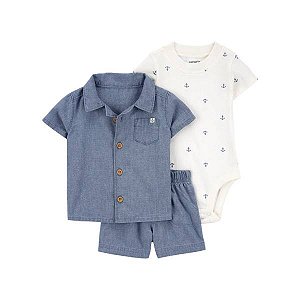 Conjunto Infantil Menino Carter’s 3 Peças Camisa + Bermuda + Body Âncora