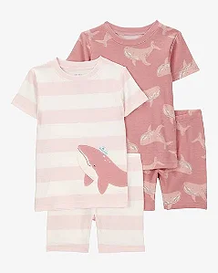 Pijama Infantil Menina Carter’s 4 Peças Salmão e Rosa Listras Baleia