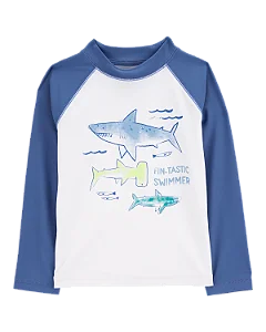 Camiseta Infantil Manga Longa Praia Carter’s Branca e Azul Tubarão