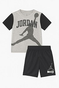 Conjunto Infantil Menino Air Jordan Camiseta Cinza + Bermuda Preta Dry Fit