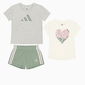 Conjunto Infantil Menina Adidas 3 Peças Camisetas + Shorts Dry Fit Verde