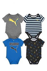 Kit Infantil Menino Puma 4 Bodys Manga Curta Azul e Preto Listras