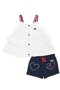 Conjunto Infantil Menina Tommy Hilfiger Bata Branca Babado + Shorts Azul