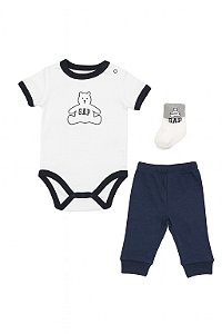 Conjunto Infantil Menino GAP 3 Peças Body Branco Urso + Calça Azul Marinho