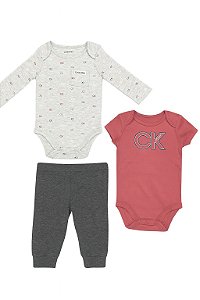 Conjunto Infantil Menino Calvin Klein 3 Peças Body Cinza + Bordô + Calça