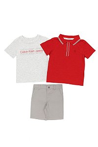 Conjunto Infantil Menino Calvin Klein 3 Peças Polo Vermelha + Bermuda Cinza