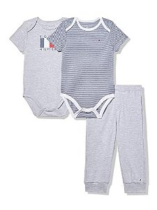 Kit Infantil Menino Tommy Hilfiger 3 Peças 2 Bodys Listrado e Cinza + Calça