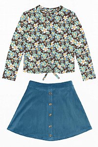 Conjunto Infantil Menina Beautess Camiseta Marrom Flores + Saia Veludo