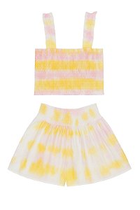 Conjunto Infantil Menina Cabana Cropped Drapeado + Shorts Tie Dye