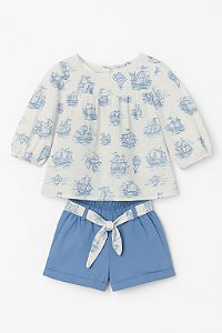 Conjunto Infantil Menina Milon 2 Peças Bata Branca Barco + Shorts Azul