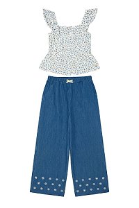 Conjunto Infantil Menina Tahari Bata Floral Azul + Calça Flare Bordada