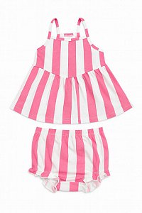 Vestido Infantil Menina Okie Dokie Pink e Branco Listrado + Calcinha