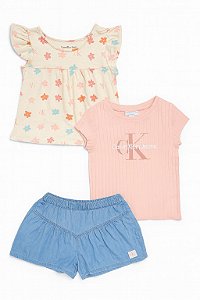 Conjunto Infantil Menina Calvin Klein 3 Peças Camiseta Floral + Rosa + Shorts