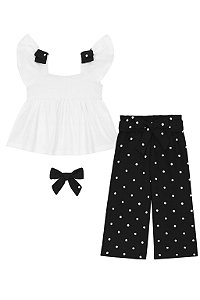 Conjunto Menina Cynthia Rowley Bata Branca e Calça Poá Com Laço
