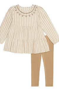 Conjunto Menina Lucky Brand Bata Listrada com Bordado e Legging