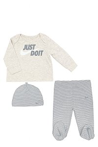 Conjunto Infantil Menino Nike 3 Peças Bege Calça Listrada e Touca