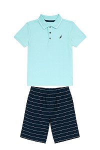 Conjunto 2 Peças Menino Náutica Camiseta Polo Azul com Bermuda