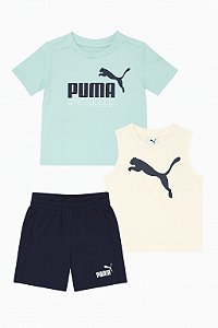 Conjunto 3 Peças Menino Puma Camiseta Verde - Regata e Bermuda Azul