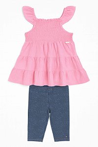 Conjunto Infantil Menina 2 Peças Calvin Klein Bata Rosa Calça Jeans Fake