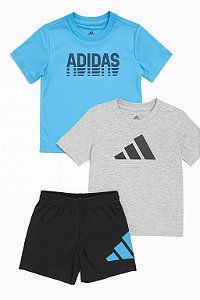 Conjunto Menino Adidas 3 Peças Camiseta Azul e Cinza com Bermuda