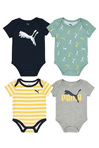 Roupa Infantil Menino Puma Kit 4 Bodys Manga Curta Verde e Amarelo