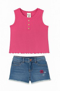 Conjunto Menina Oshkosh Regata Bordô com Shorts Jeans Bordado