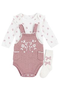 Conjunto Menina Nicole Miller 3 Peças Romper Fio Lilás Bordado Com Body e Meia