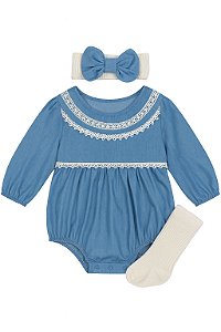 Conjunto Menina Rachel Zoe 3 Peças Body Azul Rendas Com Laço e Meia