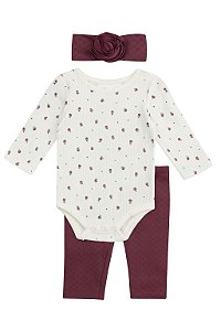 Conjunto Menina Nicole Miller 3 Peças Body Flores Calça Bordô e Laço