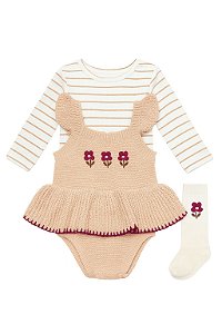 Conjunto Menina Nicole Miller 3 Peças Body Fio Bege Bordado e Meia