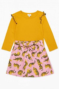 Conjunto 2 Peças Menina Crown e Ivy Camiseta Amarela Saia Tigre