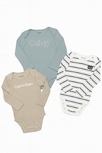 Kit 3 Bodys Manga Longa Verde - Bege e Listras Calvin Klein Menino