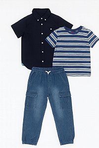 Conjunto 3 Peças Menino - Stitch e Stone - Camisa Azul Calça Jeans