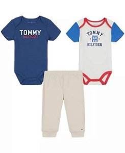 Conjunto Infantil Menino Tommy Hilfiger 3 Peças Body Azul e Bege