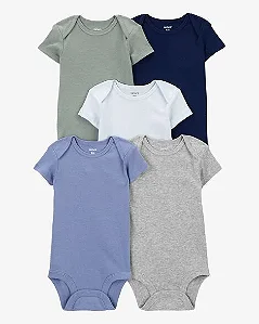 Kit 5 Body's Infantil Menino Carter’s Manga Curta Cores Neutras Azul