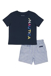 Conjunto Infantil Menino Náutica Camiseta Azul Marinho e Bermuda