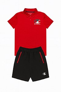 Conjunto 2 Peças Menino Champion Camiseta Polo Vermelha Com Bermuda