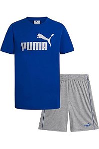 Conjunto 2 Peças Menino Puma Camiseta Azul Bermuda Cinza