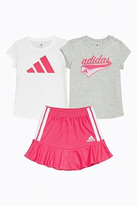 Conjunto 3 Peças Menina Adidas 2 Camisetas Com Saia Rosa