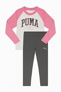 Conjunto 2 Peças Menina Puma Camiseta Cinza Com Calça Legging Chumbo