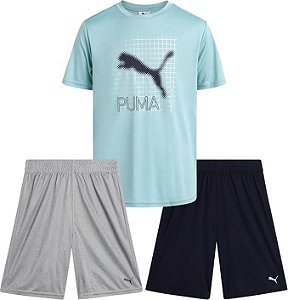 Conjunto 3 Peças Menino Puma Camiseta Verde e 2 Bermudas Dry Fit