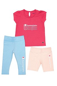 Conjunto Menina Champion 3 Pçs Camiseta Pink Legging Rosa e Azul