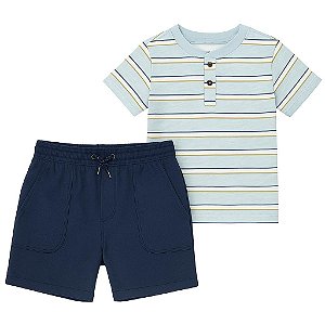 Conjunto Menino Carters Camiseta Azul Listras Bermuda Azul Marinho