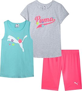 Conjunto Menina Puma 3 Peças Camiseta Cinza Com Regata e Shorts