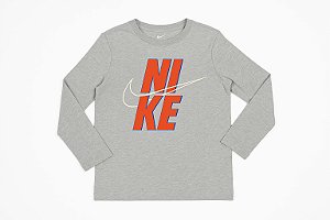 Camiseta Menino Nike Manga Longa Cinza Logo Laranja