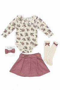 Conjunto Menina Nicole Miller 4 Peças Body Floral e Saia Com Laço e Meia