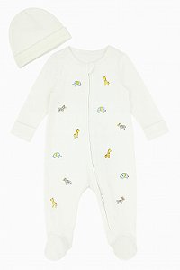 Macacão Little Me Branco Com Touca Bordado Animais