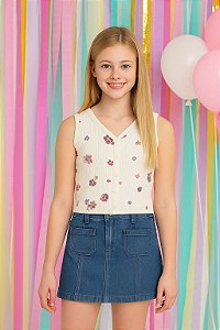Conjunto Menina Oshkosh 2 Peças Saia Jeans e Regata Bege Floral