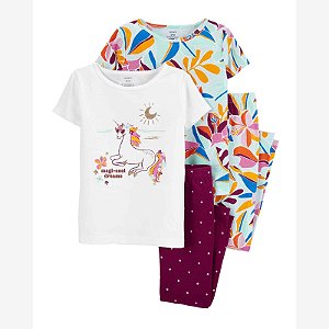 Pijama Infantil Menina 4 Peças Unicórnio e Floral Bordô